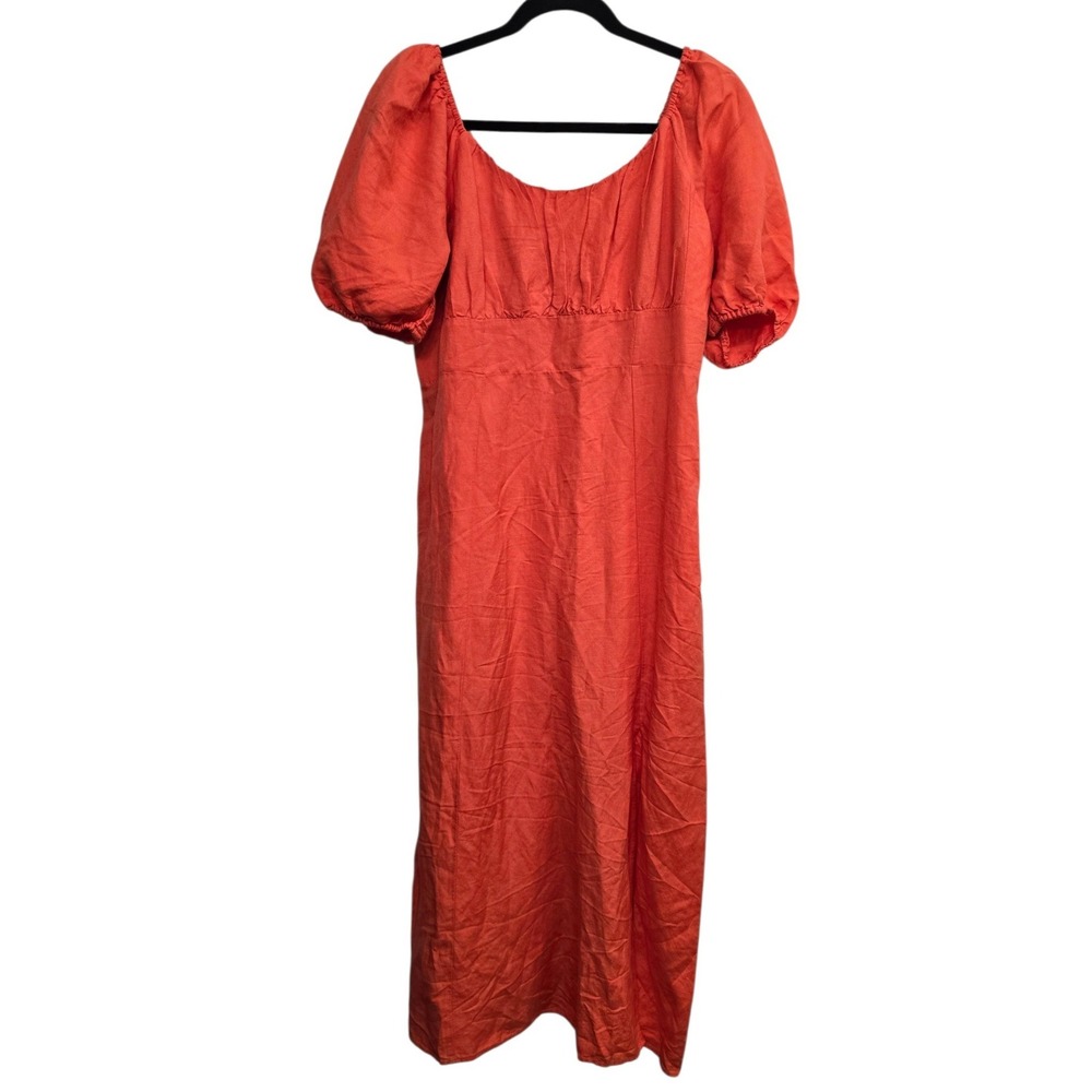 LOFT Linen Blend Puff Sleeve Midi Dress 10 Coastal Cottagecore Tomato Girl boho